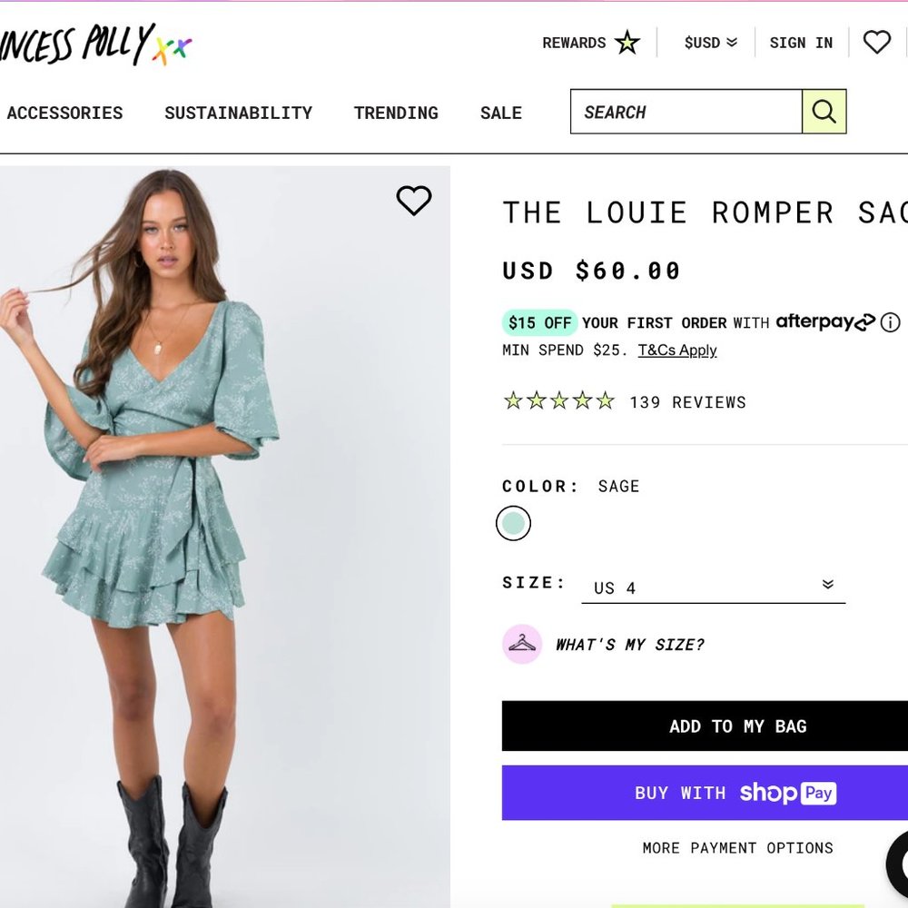The Louie Romper (princess polly, green, size 2)
